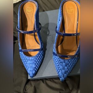 Malone Souliers Blue satin cross cross heels in supreme condition